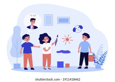 Little Kid Drawing On Wall At Home And Worrying About Punishment. Dad, Paintbrush, Artist Flat Vector Illustration. Art And Mess Concept For Banner, Website Design Or Landing Web Page