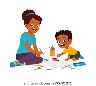 niño pequeño dibujando con crayon con madre