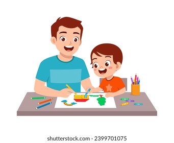 little kid drawing using crayon with father