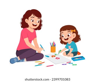 little kid drawing using crayon with mother