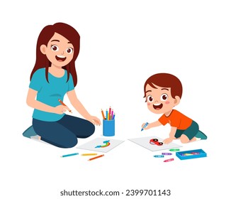 niño pequeño dibujando con crayon con madre