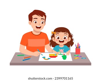 little kid drawing using crayon with father