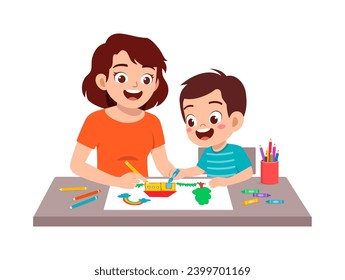 little kid drawing using crayon with mother