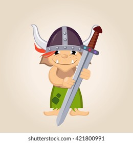 Little Kid Dressed As Viking Flat Bright Color Simplified Vector Illustration In Fun Cartoon Style Design