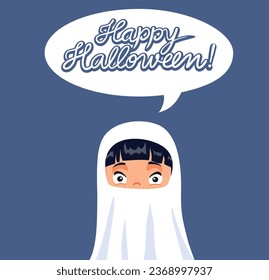 
Little Kid Dressing a Ghost Costume Wishing Happy Halloween Vector Cartoon. Cheerful kid celebrating at a costume party 
