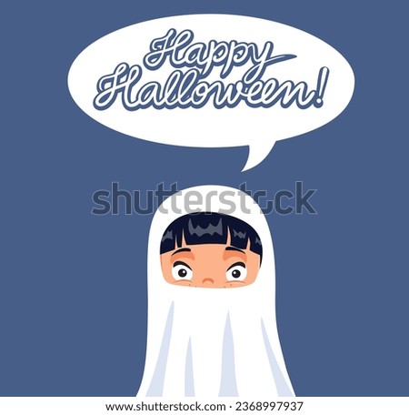 
Little Kid Dressing a Ghost Costume Wishing Happy Halloween Vector Cartoon. Cheerful kid celebrating at a costume party 
