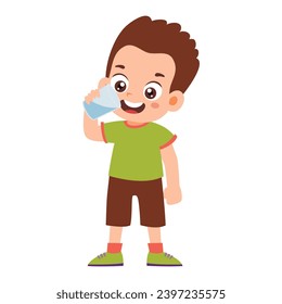 Little Kid drinking water. Little Boy standing enjoy drinking beverage. Children quenching thirst Activity Isolated Element Objects. Flat Style Icon Vector Illustration