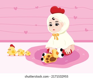 Little kid in duck costume with the cute duckling