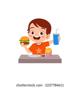 little kid eat hamburger and feel happy