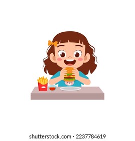 little kid eat hamburger and feel happy