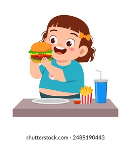 little kid eat hamburger food and feeling happy