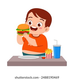 little kid eat hamburger food and feeling happy