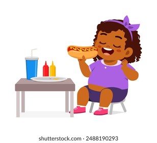 little kid eat hot dog food and feeling happy