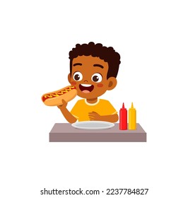 little kid eat hotdog and feel happy