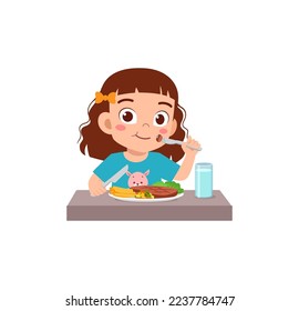 little kid eat meat steak and feel happy