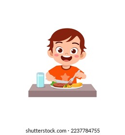 little kid eat meat steak and feel happy