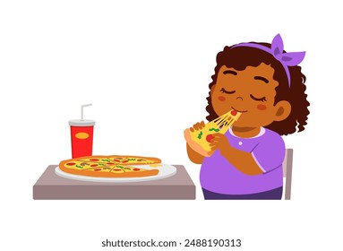 little kid eat pizza food and feeling happy