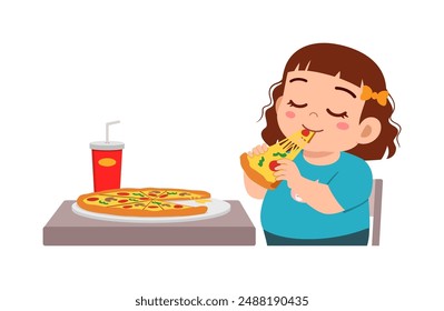 little kid eat pizza food and feeling happy