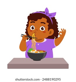 little kid eat ramen noodle food and feeling happy