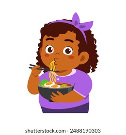 little kid eat ramen noodle food and feeling happy