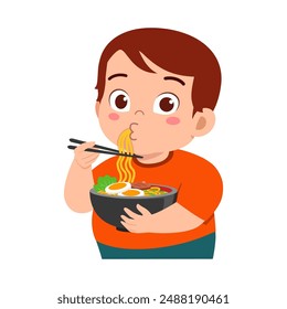 little kid eat ramen noodle food and feeling happy