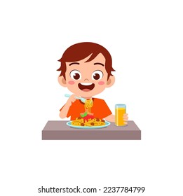 little kid eat spaghetti and feel happy