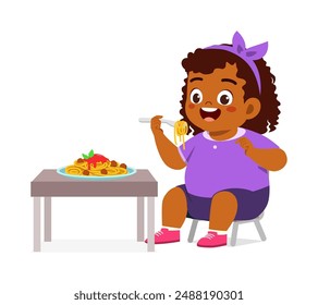 little kid eat spaghetti food and feeling happy