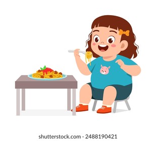 little kid eat spaghetti food and feeling happy