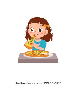 little kid eating pizza and feel happy