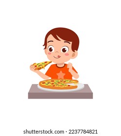 little kid eating pizza and feel happy