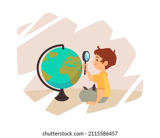 Little kid explores Earth globe with magnifier glass, flat vector illustration isolated on white background. Concept of education and geography class. Cute cartoon character of boy.