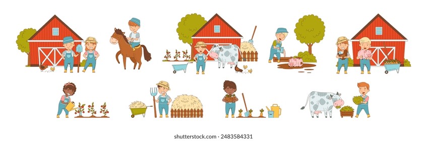 Little Kid Farmer Character at Village Vector Set