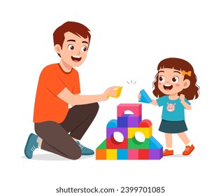 little kid and father playing brick together