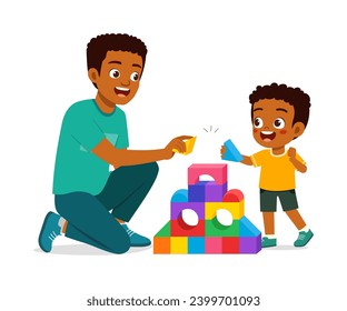 little kid and father playing brick together