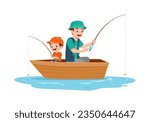 little kid fishing with father and feel happy