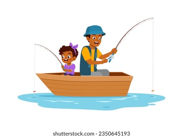 little kid fishing with father and feel happy