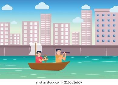 Little kid flat character illustration with a small boat and urban lake. Kids playing with the boat on a lake with a cityscape background. Playable children with scope and toy vessel on the water.