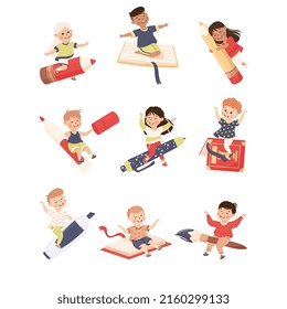 Little Kid Flying on Book and Pen Ready to Study Vector Set