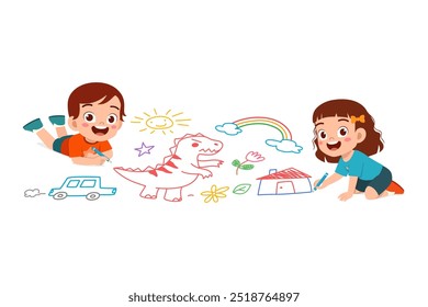 criança pequena e amigo desenho na parede com tinta e sentir feliz