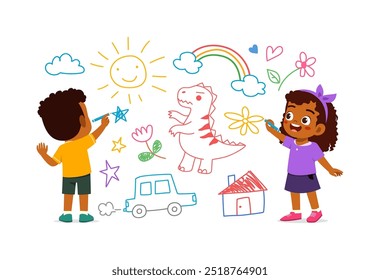 little kid and friend drawing on wall with paint and feel happy