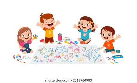little kid and friend drawing on big paper with paint and feel happy