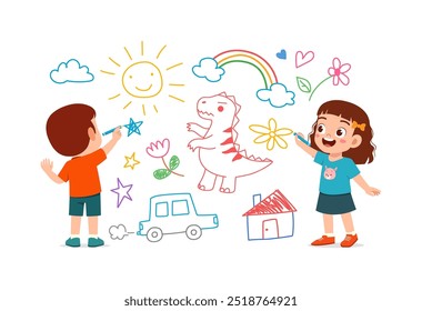 little kid and friend drawing on wall with paint and feel happy