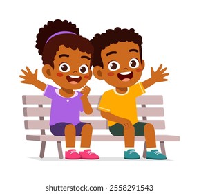 little kid and friend sit on the park bench