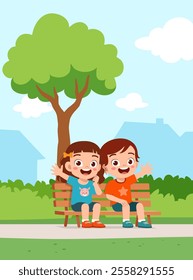 little kid and friend sit on the park bench