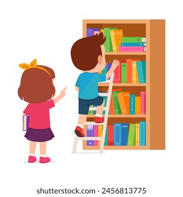 little kid and friend take a book from bookshelf using ladder