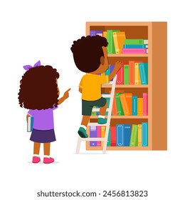little kid and friend take a book from bookshelf using ladder