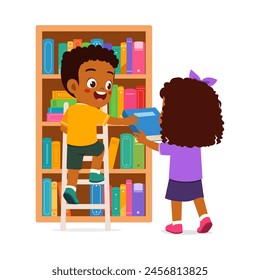 little kid and friend take a book from bookshelf using ladder