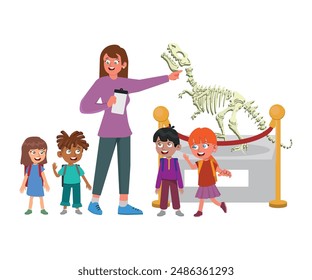 little kid and friends visit museum to watch fossil.