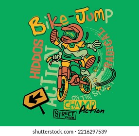 Little kid funny biking skills. Vector design for boys