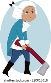 Little Kid In George Washington Costume Holding A Big Hatchet